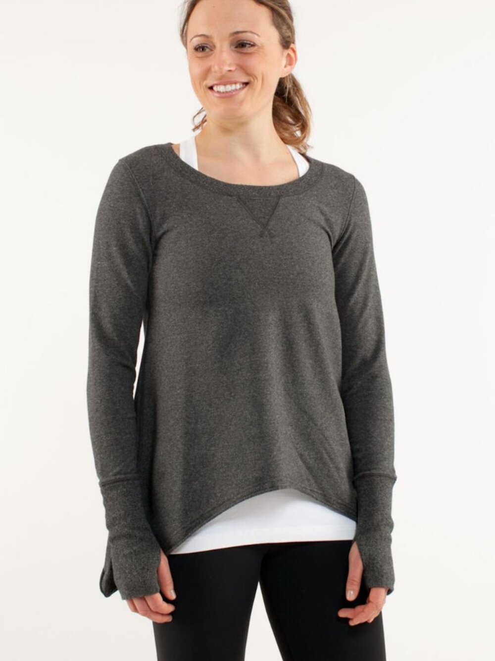 Lululemon Sleeve Pullover Top Womens 4 Heathered Charcoal Cotton High-Low Hem